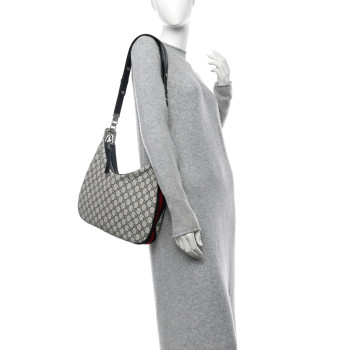 GUCCI GG Supreme Monogram Textured Calfskin Web Large Attache Shoulder Bag Beige Blue