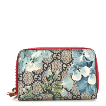 GUCCI GG Supreme Monogram Blooms Zip Around Card Case Wallet Beige Blue Navy Hibiscus Red