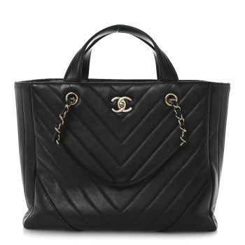 CHANEL Calfskin Chevron Quilted Statement Shopping Tote Black