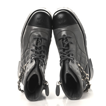 CHANEL Calfskin Quilted Chain Lace Up Combat Boots 36.5 Grey Black