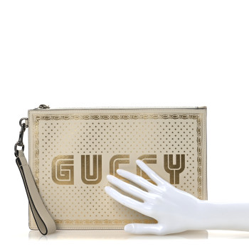 GUCCI X SEGA Calfskin GUCCY Stars Zip Wristlet Pouch Mystic White Gold