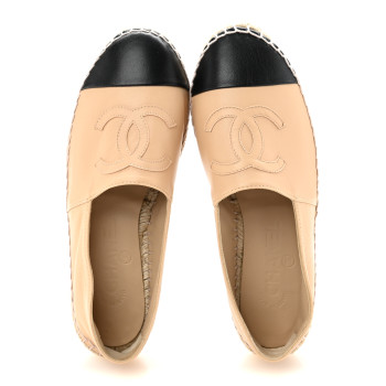 CHANEL Lambskin CC Espadrilles 37 Beige Black