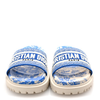 CHRISTIAN DIOR Canvas Fluo Toile de Jouy Embroidered Dway 10mm Slide Sandals 37.5 White Blue