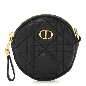 CHRISTIAN DIOR Supple Calfskin Cannage Round Detachable Caro Coin Purse Black