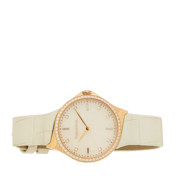 TIFFANY 18K Rose Gold Alligator Diamond Bezel 28mm Metro Quartz Watch