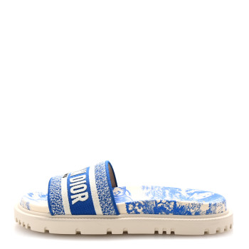 CHRISTIAN DIOR Canvas Fluo Toile de Jouy Embroidered Dway 10mm Slide Sandals 37.5 White Blue