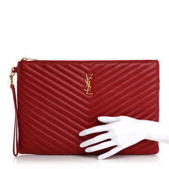 SAINT LAURENT Calfskin Matelasse Chevron Monogram Document Holder Rouge Eros