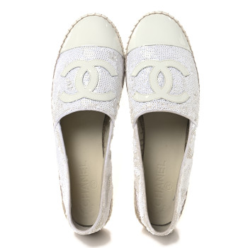 CHANEL Patent Sequin CC Espadrilles 40 White