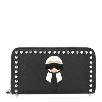 FENDI Vitello Elite Mink Fur Studded Karlito Zip Around Wallet Black