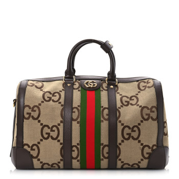 GUCCI Monogram Jumbo GG Textured Dollar Calfskin Web Medium Duffle Bag Camel Ebony