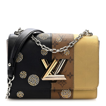 LOUIS VUITTON Calfskin Reverse Monogram Studded Twist Shoulder Bag MM Black Gold