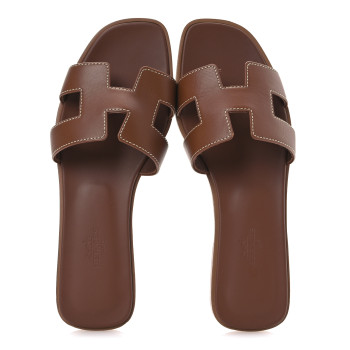 HERMES Box Calfskin Oran Sandals 36.5 Gold