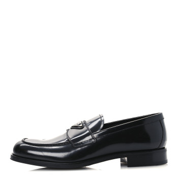 PRADA Spazzolato Fume Metal Triangle Logo Mens Loafers 8.5 Black