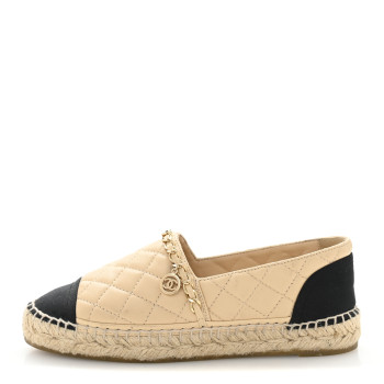 CHANEL Lambskin Grosgrain Quilted CC Chain Espadrilles 35 Beige Black