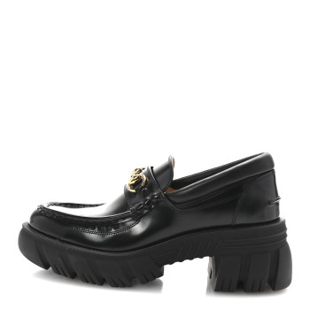 GUCCI Cordovan Lux Womens Harald Horsebit 25mm Platform Loafers 40 Black