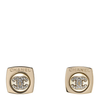 CHANEL Metal Pearl Crystal CC Logo Square Earrings Gold Pearly White