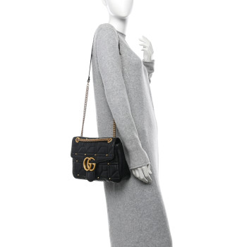 GUCCI Calfskin Matelasse Studded Medium Pearly GG Marmont Shoulder Bag Black