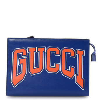 GUCCI New Shanghai Calfskin Interlocking G Logo Wristlet Pouch Cobalt Blue Orange