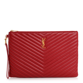 SAINT LAURENT Calfskin Matelasse Chevron Monogram Document Holder Rouge Eros