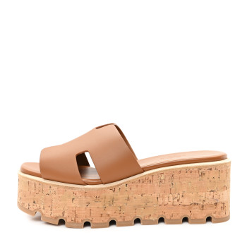 HERMES Calfskin Cork Eze 30 Sandals 37 Gold