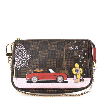 LOUIS VUITTON Damier Ebene 2019 Christmas Animation Mini Pochette Accessories Red