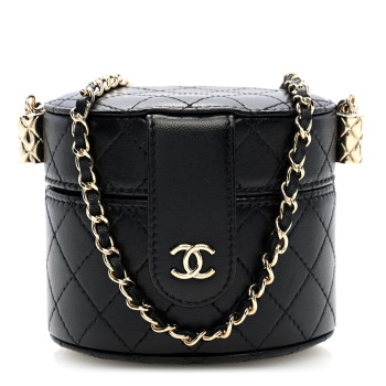 CHANEL Lambskin Quilted Mini Round Vanity Case With Chain Black