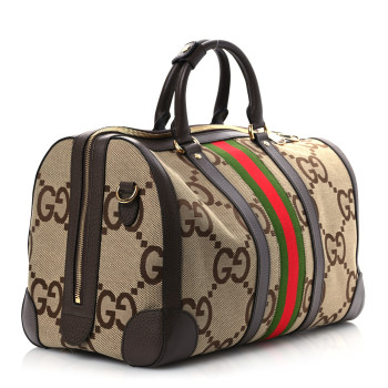 GUCCI Monogram Jumbo GG Textured Dollar Calfskin Web Medium Duffle Bag Camel Ebony