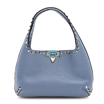VALENTINO GARAVANI Pebbled Calfskin Small Rockstud Flip Lock Hobo Niagara