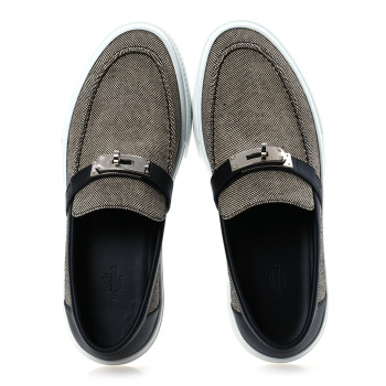 HERMES Toile De Coton Calfskin Game Slip On Sneakers 42.5 Prunoir Black