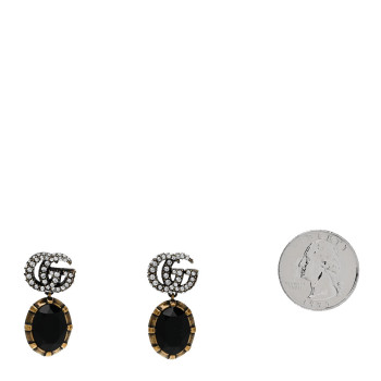 GUCCI Metal Crystal Double G Drop Earrings Black Gold