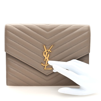 SAINT LAURENT Lambskin Matelasse Chevron Monogram Cassandre Flap Pouch Dusty Grey
