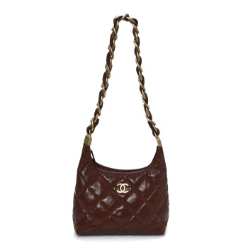 CHANEL Shiny Crumpled Lambskin Quilted Small CC Funky Town Hobo Brown