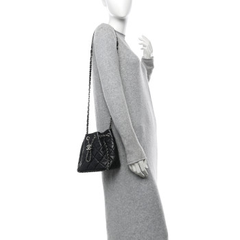 CHANEL Crumpled Calfskin Quilted Chain All Over Drawstring Bucket Bag Black