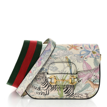 GUCCI New Shangai Calfskin Tiger Savanah Web Mini Horsebit 1955 Shoulder Bag Chalky White Multicolor