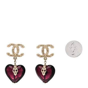 CHANEL Crystal CC Heart Drop Earrings Gold Purple
