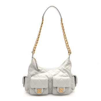 CHANEL Shiny Lambskin Quilted Large Trendy Pockets Hobo Light Grey