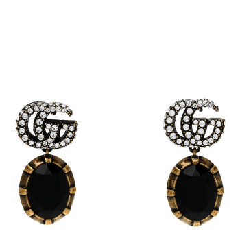 GUCCI Metal Crystal Double G Drop Earrings Black Gold