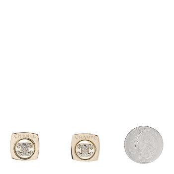 CHANEL Metal Pearl Crystal CC Logo Square Earrings Gold Pearly White