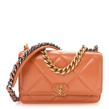 CHANEL Lambskin Quilted Chanel 19 Wallet On Chain WOC Orange