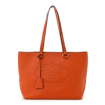 PRADA Vitello Phenix Embossed Logo Tote Papaya