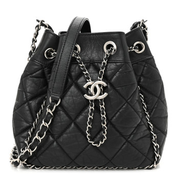 CHANEL Crumpled Calfskin Quilted Chain All Over Drawstring Bucket Bag Black