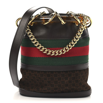 GUCCI Suede Calfskin Web G Logo Bucket Bag Dark Brown