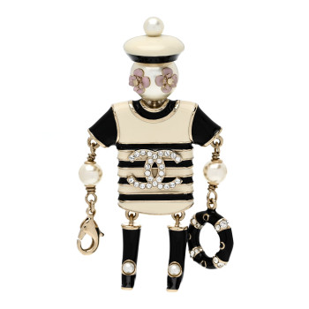 CHANEL Enamel Crystal Pearl CC Sailor Brooch Black White