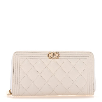 CHANEL Caviar Quilted Boy Long Zip Around Wallet White