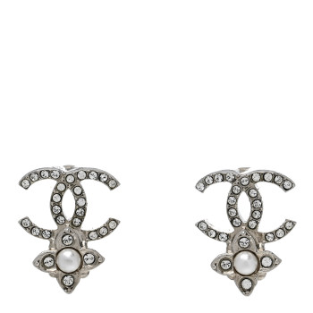 CHANEL Crystal Pearl Flower CC Earrings Silver