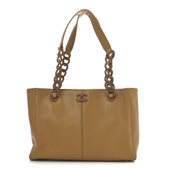 CHANEL Calfskin Wood Chain Tote Light Brown