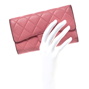 CHANEL Lambskin Quilted Large Gusset Flap Wallet Pink