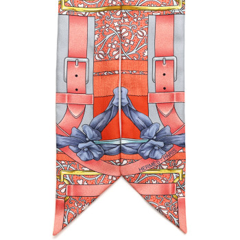 HERMES Silk Grand Manege Fleuri Twilly Orange Turquoise Gris