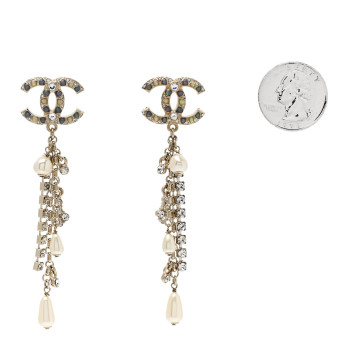 CHANEL Crystal Pearl CC Chain Drop Earrings Multicolor