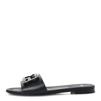 FENDI Calfskin FF Logo Plaque Slide Sandals 38 Black